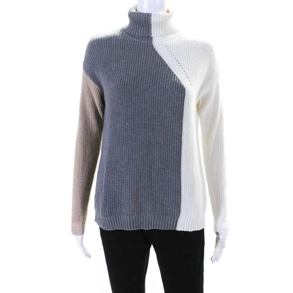 Whisper By Brodie Womens Gray White Color Block Turtleneck Sweater Top Size S